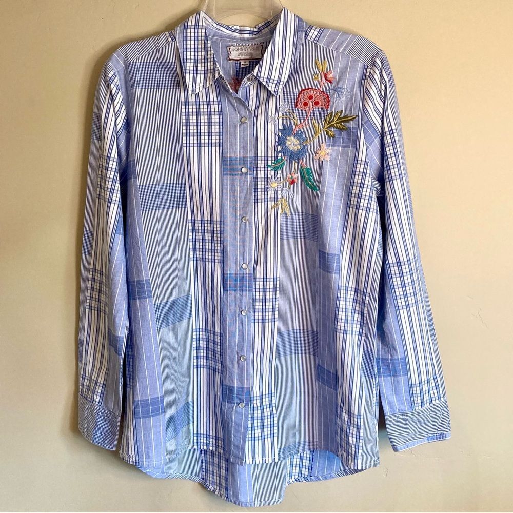 Johnny Was Zanzibar Button Down Shirt Floral Bird Embroidery Plaid Snaps Size XS - Picture 7 of 15
